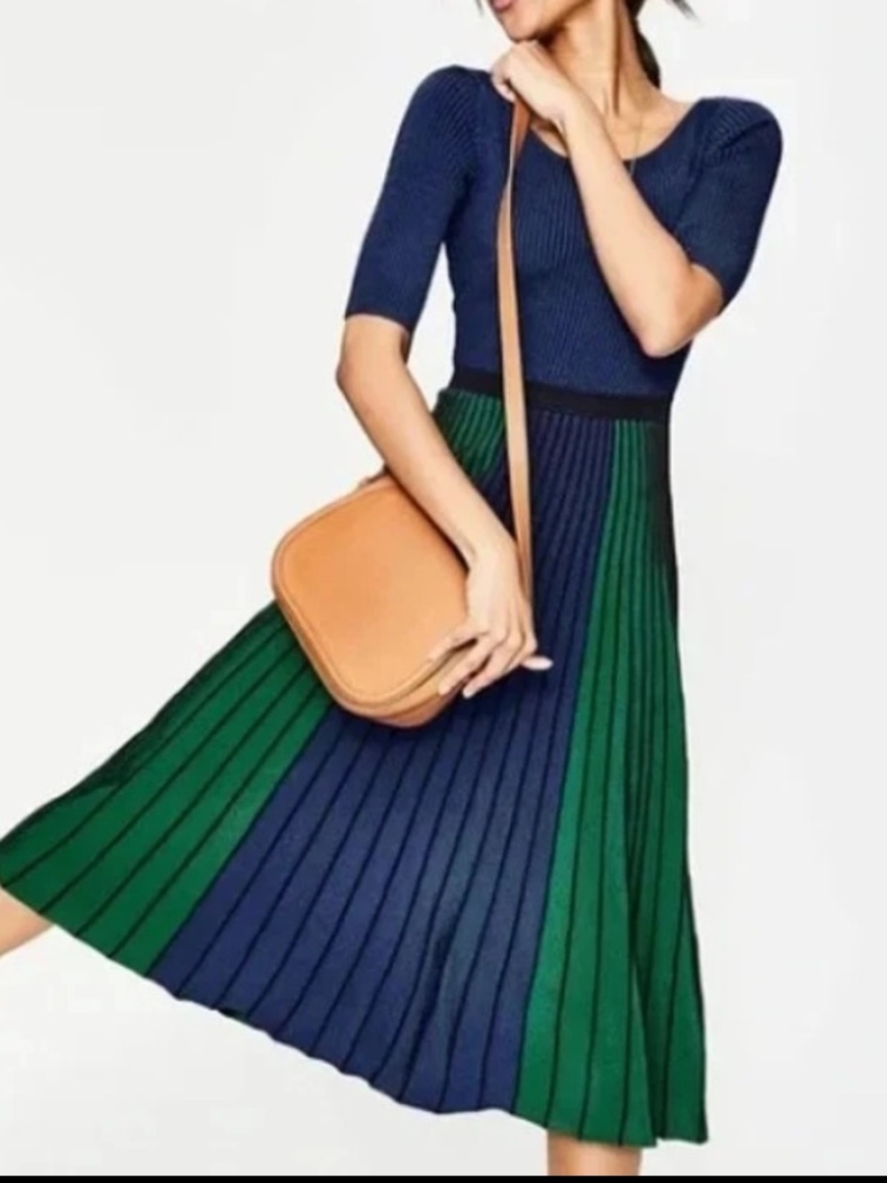 Boden Dress Women 10 Blue Green Knit Fit & Flare Pleated Stripe Colorblock Midi